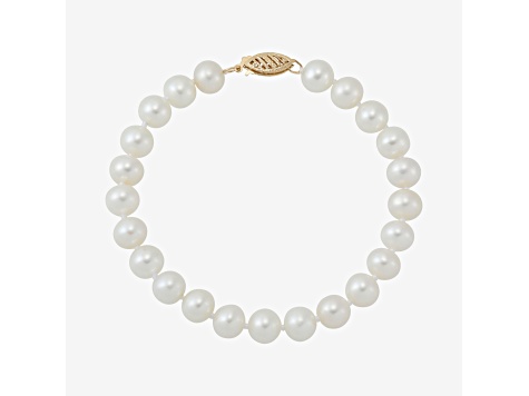 7-8mm Round White Freshwater Pearl 14K Yellow Gold Tennis Bracelet