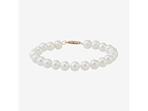 7-8mm Round White Freshwater Pearl 14K Yellow Gold Tennis Bracelet