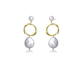 Genuine Freshwater Pearl, Sterling Silver over 14K Gold Plating Hoop Earrings