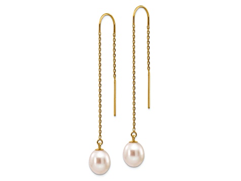 14K Yellow Gold 7-8mm White Rice Freshwater Cultured Pearl Dangle Threader Earrings
