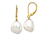 14K Yellow Gold 10x12mm White Keshi Freshwater Cultured Pearl Leverback Earrings