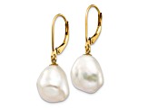 14K Yellow Gold 10x12mm White Keshi Freshwater Cultured Pearl Leverback Earrings