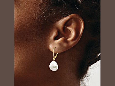 14K Yellow Gold 10x12mm White Keshi Freshwater Cultured Pearl Leverback Earrings