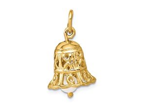 14k Yellow Gold 3D Textured Moveable Wedding Bell with Fresh Water Cultured Pearl Charm