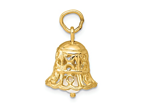 14k Yellow Gold 3D Textured Moveable Wedding Bell with Fresh Water Cultured Pearl Charm