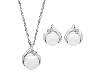 Picture of White Freshwater Pearl with Diamond Accents Sterling Silver Earrings and Pendant Jewelry Set