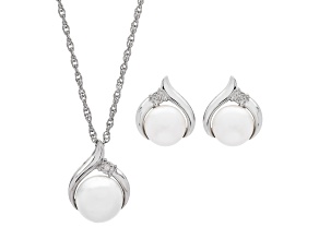 White Freshwater Pearl with Diamond Accents Sterling Silver Earrings and Pendant Jewelry Set