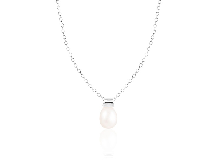 7-8mm Drop White Cultured Freshwater Pearl Rhodium Over Sterling Silver Pendant