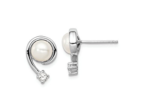 Rhodium Over Sterling Silver  7-8mm White Freshwater Cultured Pearl Cubic Zirconia Post Earrings