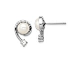Rhodium Over Sterling Silver  7-8mm White Freshwater Cultured Pearl Cubic Zirconia Post Earrings