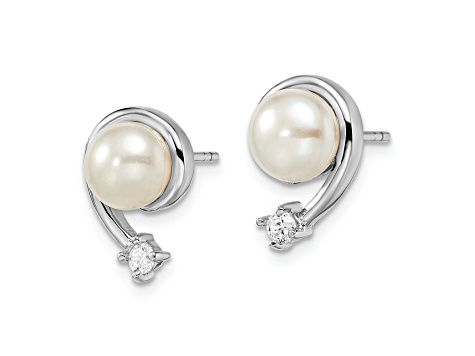 Rhodium Over Sterling Silver  7-8mm White Freshwater Cultured Pearl Cubic Zirconia Post Earrings