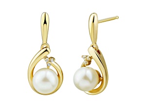 6-6.5mm Round White Freshwater Pearl with Diamond Accents 10K Yellow Gold Drop Earrings