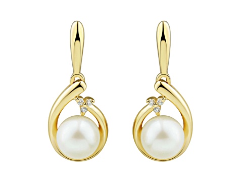 6-6.5mm Round White Freshwater Pearl with Diamond Accents 10K Yellow Gold Drop Earrings