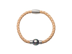 Beige Leather bracelet features an 11-11.5mm. Tahitian Pearl accented with Stainless Steel parts