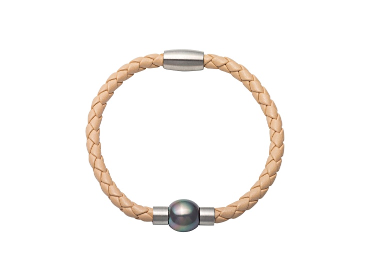 Beige Leather bracelet features an 11-11.5mm. Tahitian Pearl accented with Stainless Steel parts
