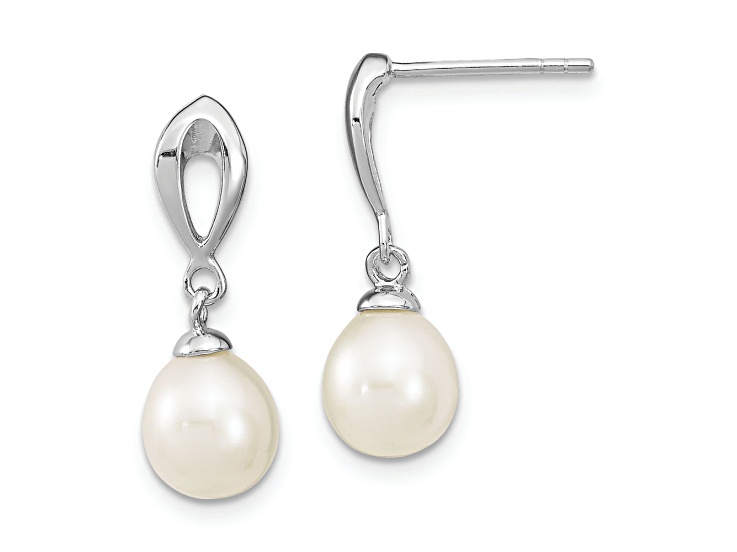 Rhodium Over Sterling Silver 7-8mm White Freshwater Cultured Pearl Post Dangle Earrings