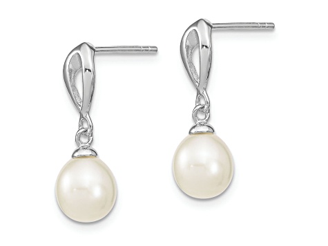 Rhodium Over Sterling Silver 7-8mm White Freshwater Cultured Pearl Post Dangle Earrings