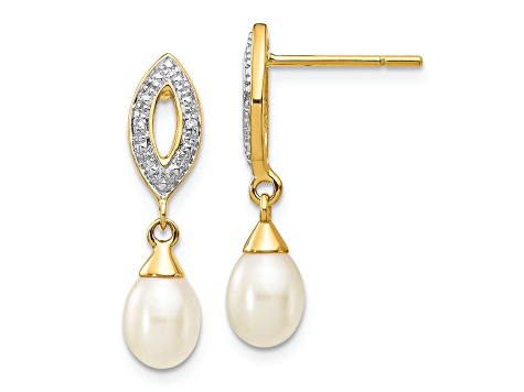 14K Yellow Gold 7x5mm White Teardrop Freshwater Cultured Pearl 0.01ct Diamond Dangle Earrings