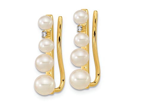 14K Yellow Gold 3-5mm Freshwater Cultured Pearl .016ct Diamond Ear Climber Earrings