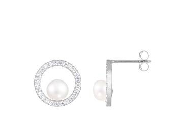 Picture of White Cultured Freshwater Pearl and Cubic Zirconia Rhodium Over Sterling Silver 6-7mm Stud Earrings