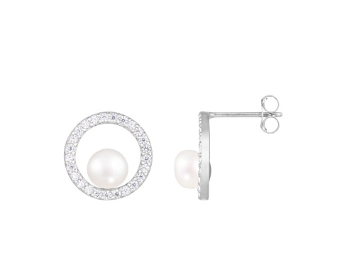 White Cultured Freshwater Pearl and Cubic Zirconia Rhodium Over Sterling Silver 6-7mm Stud Earrings