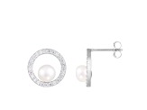 White Cultured Freshwater Pearl and Cubic Zirconia Rhodium Over Sterling Silver 6-7mm Stud Earrings