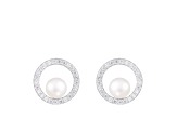 White Cultured Freshwater Pearl and Cubic Zirconia Rhodium Over Sterling Silver 6-7mm Stud Earrings