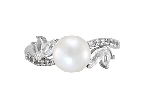 8mm Button White Freshwater Pearl and White Sapphire Sterling Silver Ring