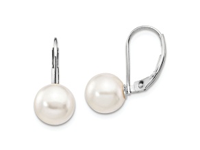 Rhodium Over 14K White Gold 8-9mm Round White Saltwater Akoya Pearl Leverback Earrings