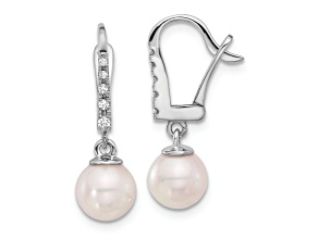 Rhodium Over 14K White Gold 6-7mm Round White Akoya Cultured Pearl and 0.085ctw Diamond Earrings