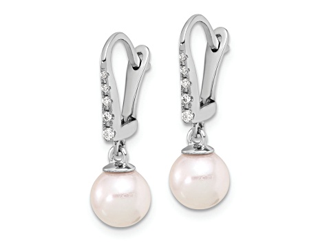 Rhodium Over 14K White Gold 6-7mm Round White Akoya Cultured Pearl and 0.085ctw Diamond Earrings