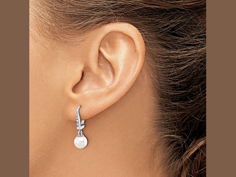 Rhodium Over 14K White Gold 6-7mm Round White Akoya Cultured Pearl and 0.085ctw Diamond Earrings