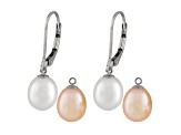 7-8mm White and Pink Cultured Freshwater Pearl Rhodium Over Sterling Silver Earrings