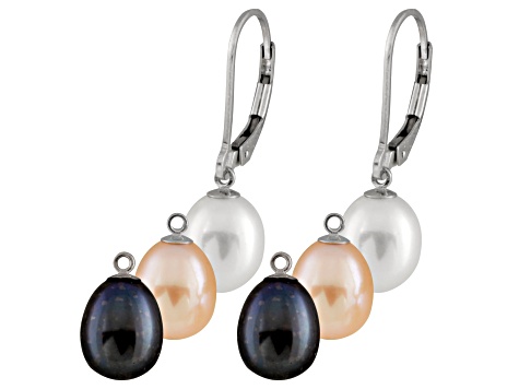 7-8mm White, Pink and Black Cultured Freshwater Pearl Rhodium Over Sterling Silver Earrings