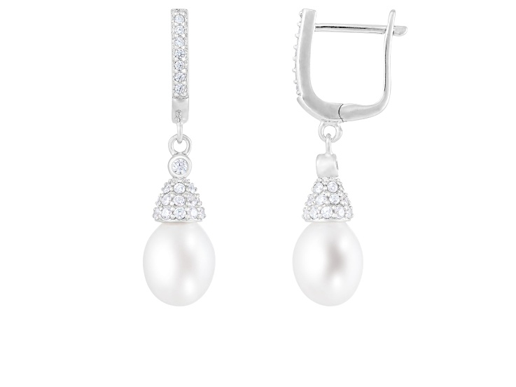 8.5-9mm White Cultured Freshwater Pearl and Cubic Zirconia Rhodium Over Sterling Silver Earrings
