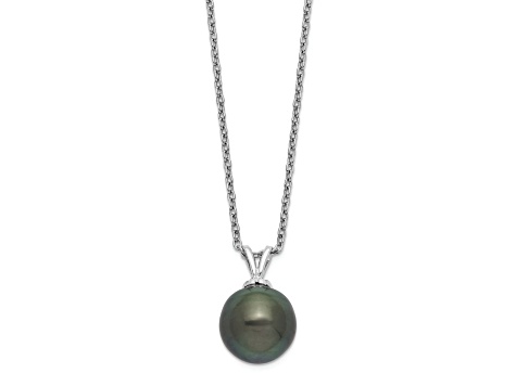 Rhodium Over Sterling Silver 9-10mm Teardrop Tahitian Saltwater Cultured Pearl Necklace