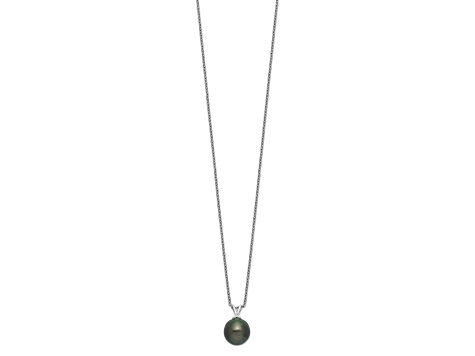 Rhodium Over Sterling Silver 9-10mm Teardrop Tahitian Saltwater Cultured Pearl Necklace