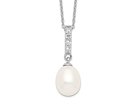 Rhodium Over Sterling Silver 8-9mm White Freshwater Cultured Pearl Cubic Zirconia Necklace