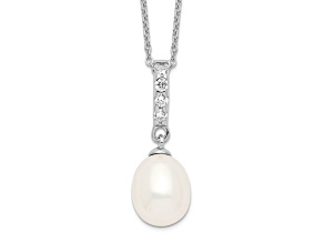 Rhodium Over Sterling Silver 8-9mm White Freshwater Cultured Pearl Cubic Zirconia Necklace