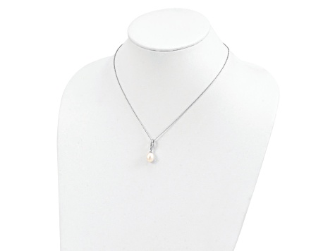 Rhodium Over Sterling Silver 8-9mm White Freshwater Cultured Pearl Cubic Zirconia Necklace