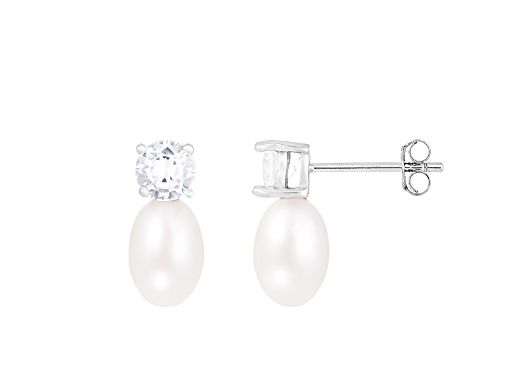 6-7mm White Cultured Freshwater Pearl and Cubic Zirconia Rhodium Over Sterling Silver Earrings