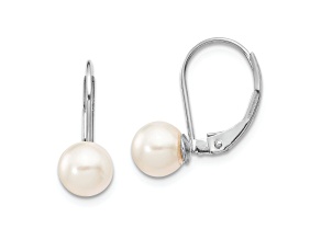 Rhodium Over 14K White Gold 6-7mm Round White Akoya Cultured Pearl Leverback Earrings