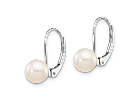 Rhodium Over 14K White Gold 6-7mm Round White Akoya Cultured Pearl Leverback Earrings