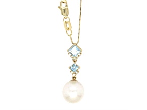 White Freshwater Pearl, Aquamarine and Diamond Accent 14K Yellow Gold Drop Pendant with Chain