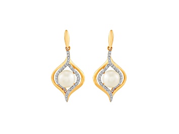 Picture of 6.5-7mm Round White Freshwater Pearl with 0.19ctw Diamond 14K Yellow Gold Drop Earrings