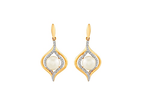 6.5-7mm Round White Freshwater Pearl with 0.19ctw Diamond 14K Yellow Gold Drop Earrings