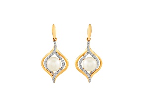 6.5-7mm Round White Freshwater Pearl with 0.19ctw Diamond 14K Yellow Gold Drop Earrings