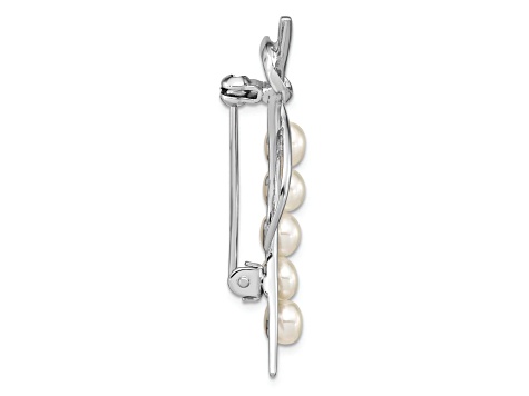 Rhodium Over Sterling Silver 5-6mm White Button Freshwater Cultured Pearl Brooch