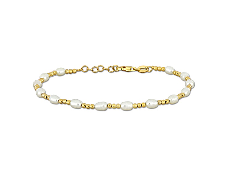 3.5-4MM Freshwater Cultured Pearl with Ball Bead Bracelet in Yellow Plated Sterling Silver