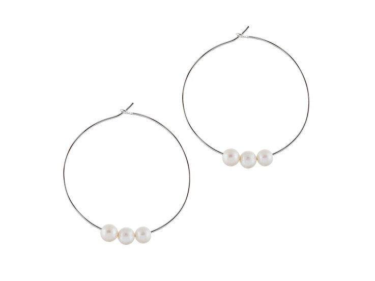 7-7.5mm White Cultured Freshwater Pearl Rhodium Over Sterling Silver Earrings